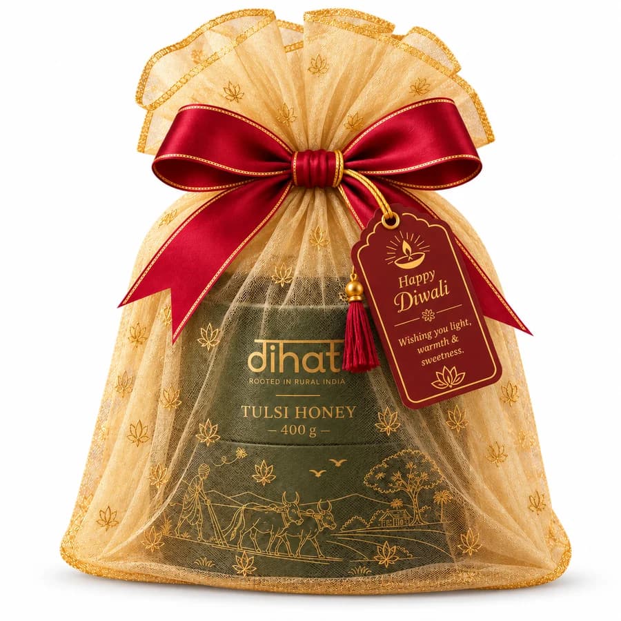 Single Gift: Dihat Tulsi Honey, wrapped in organza with a Happy Diwali tag