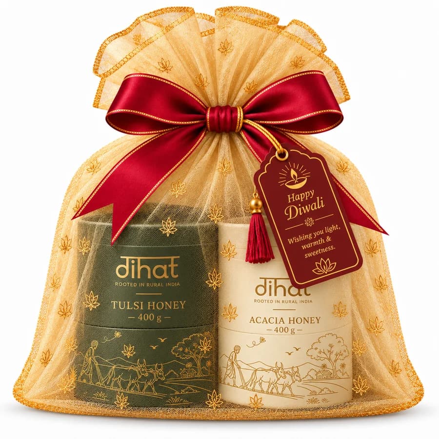 Duo Gift: Dihat Tulsi and Acacia Honey, wrapped together in organza with a Happy Diwali tag