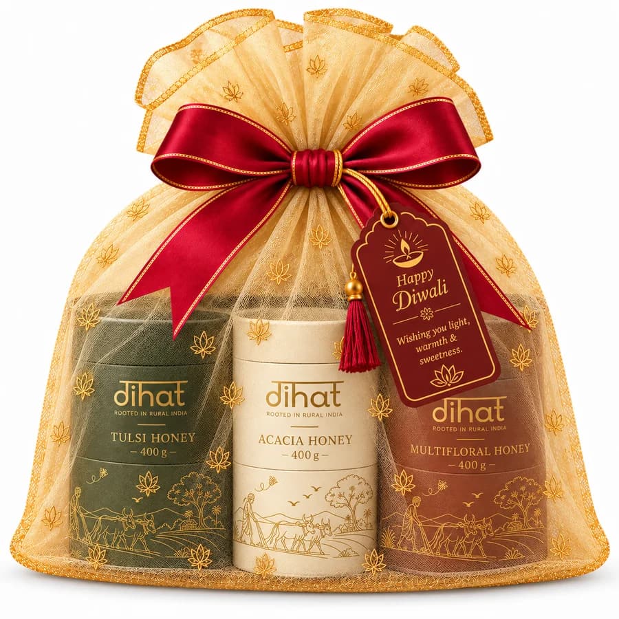 Trio Gift: Dihat Tulsi, Acacia and Multifloral Honey, wrapped together in organza with a Happy Diwali tag