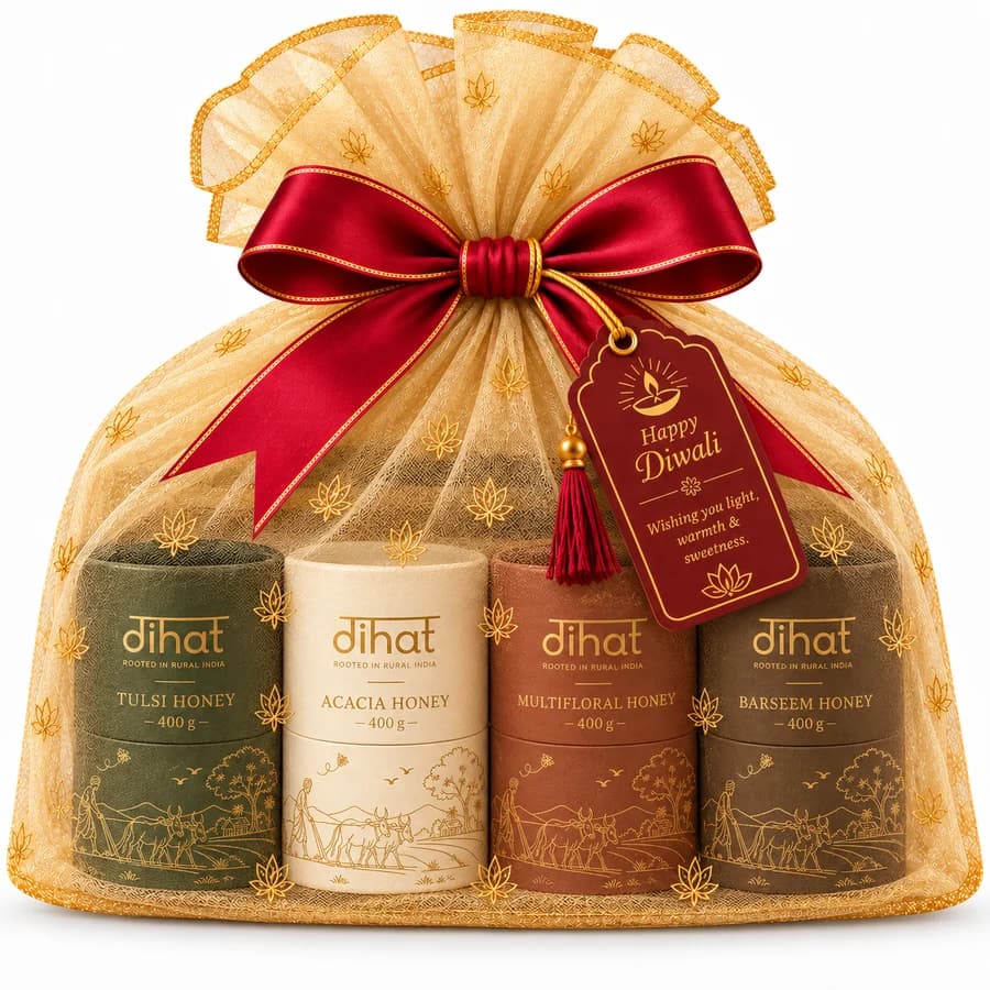 Dihat Complete Collection: Tulsi, Acacia, Multifloral and Barseem Honey in an organza-wrapped Diwali gift with a Happy Diwali tag