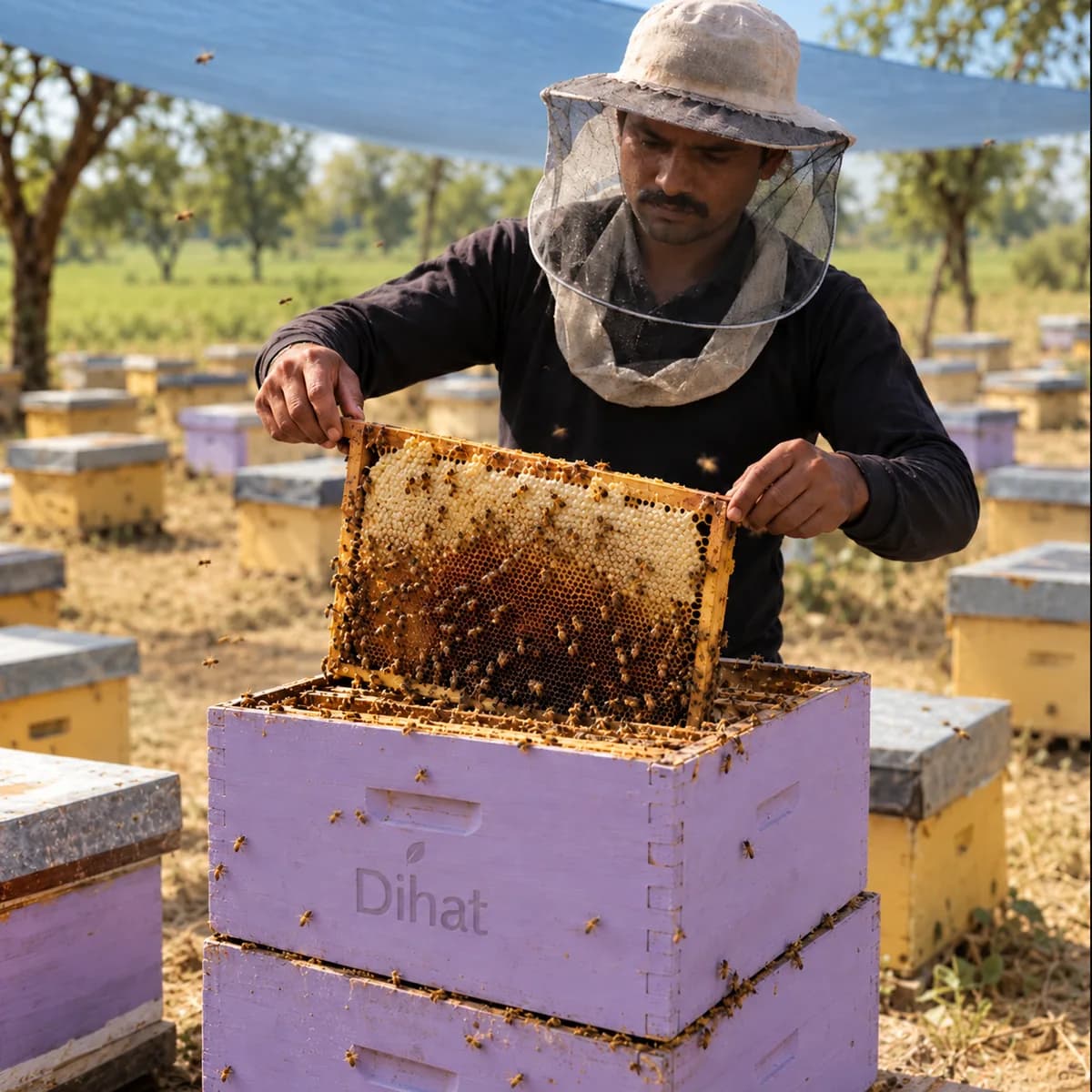 A beekeeper lifting a honeycomb frame from a bee box
