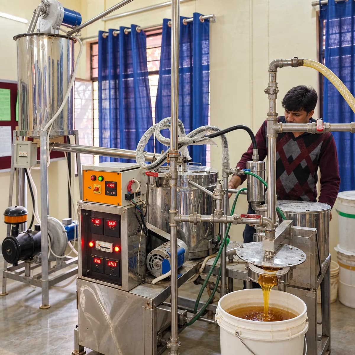 Honey flowing from a processing machine into a bucket