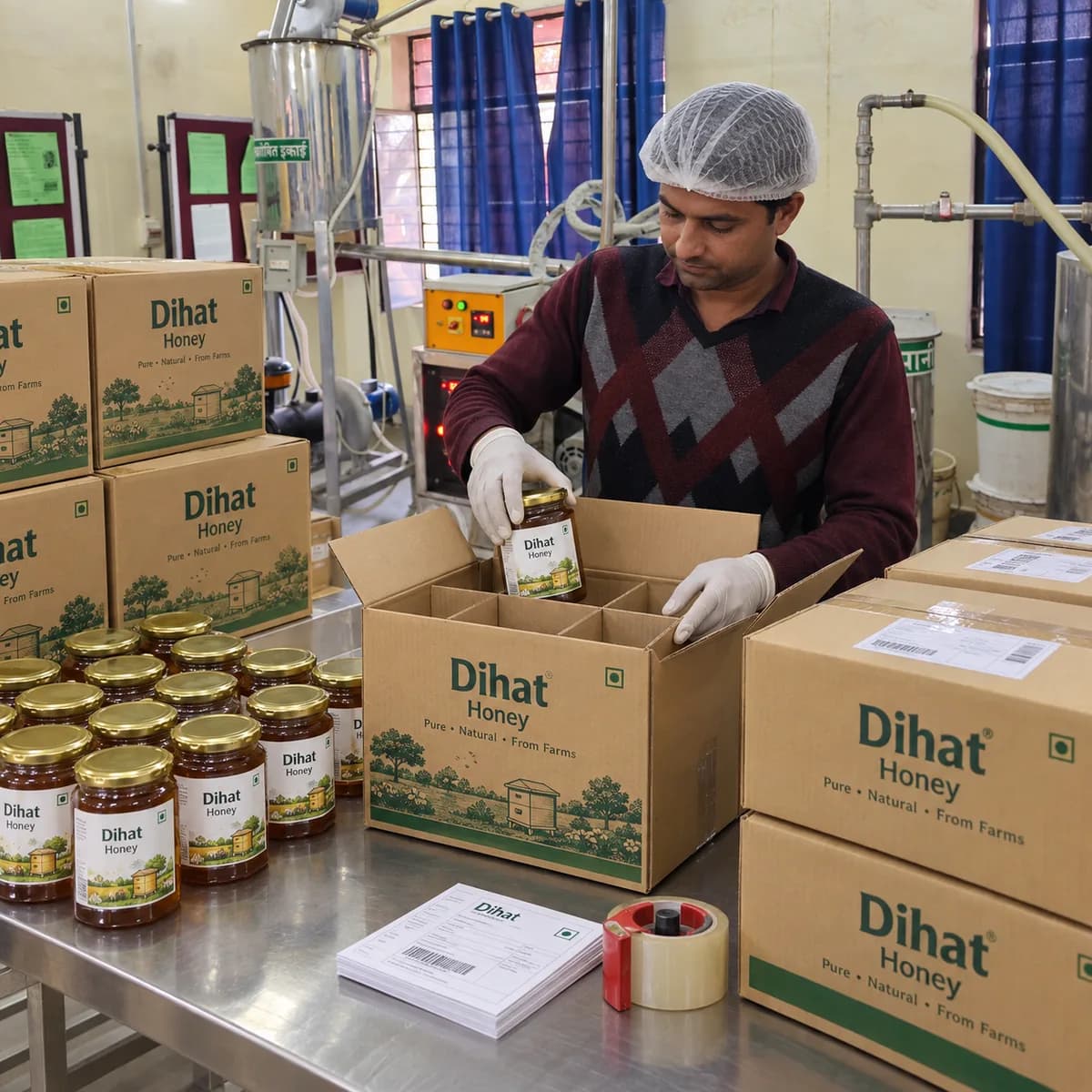 A worker packing honey jars into shipping cartons