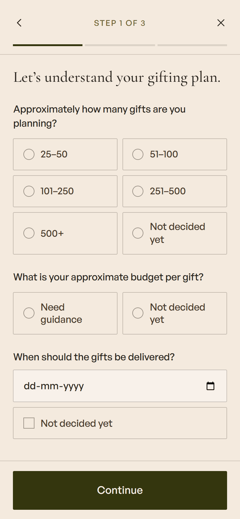 Step 1 of the Dihat requirement form on a phone: quantity, budget and delivery date