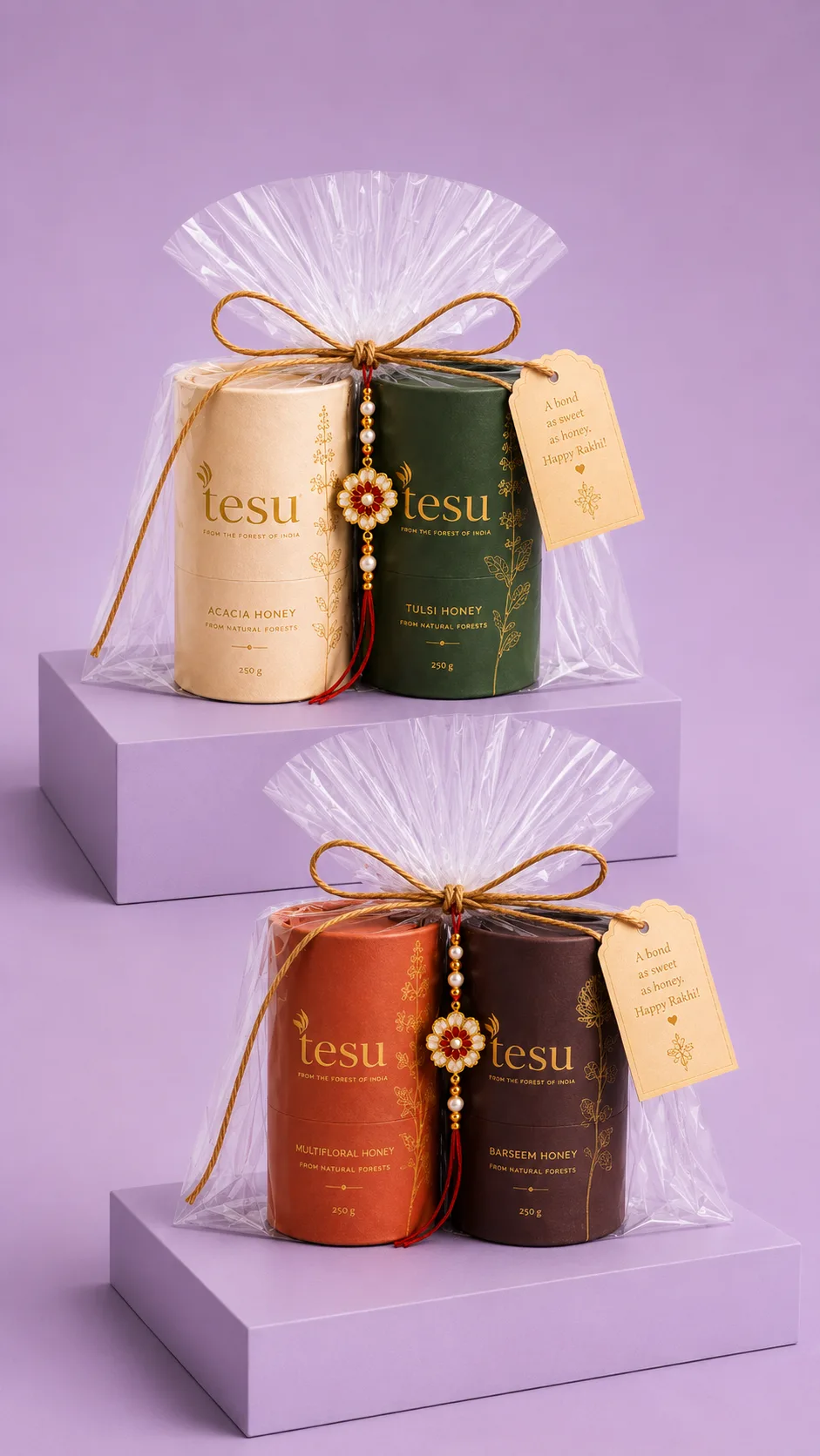 Tesu honey jars with the blossoms each variety comes from